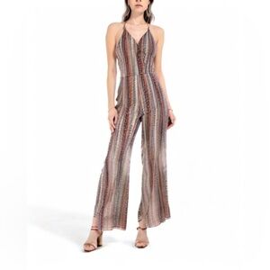 Luxxel Brown, Red and Blue Striped Aztec Wide Leg Jumpsuit Large